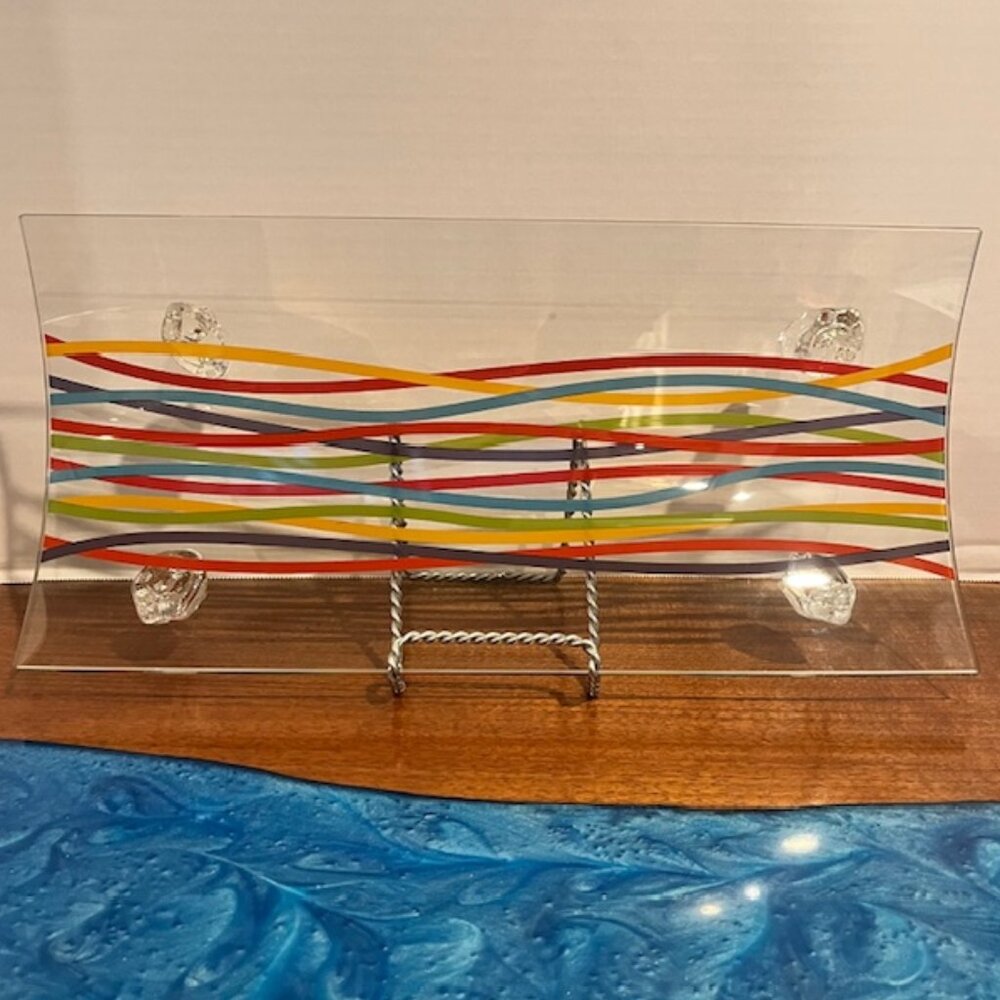 Art Glass Colorful Striped 16" Rectangular Arched Serving Tray Platter